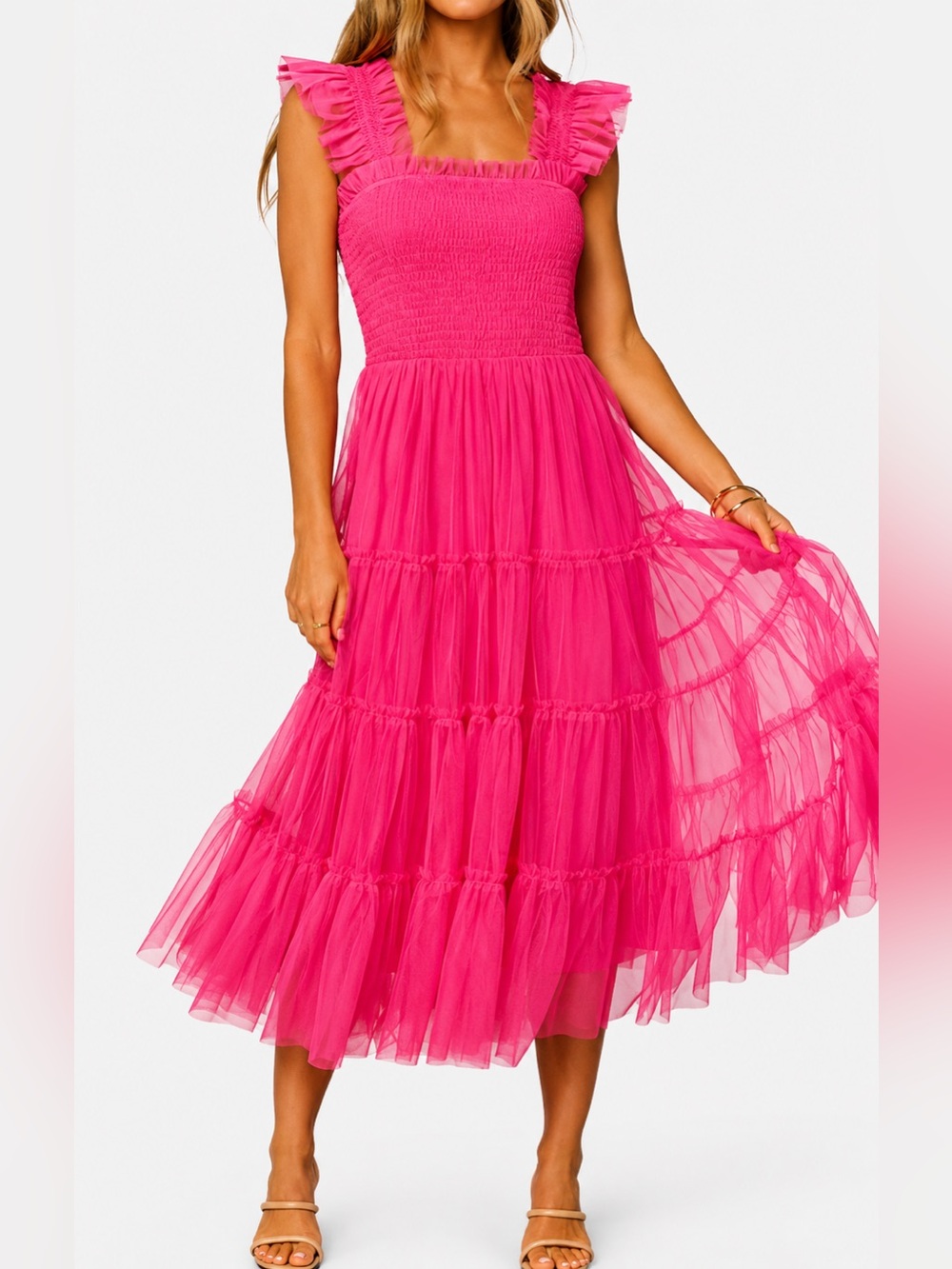 BiBi NWT hot pink smocked tulle midi dress, small